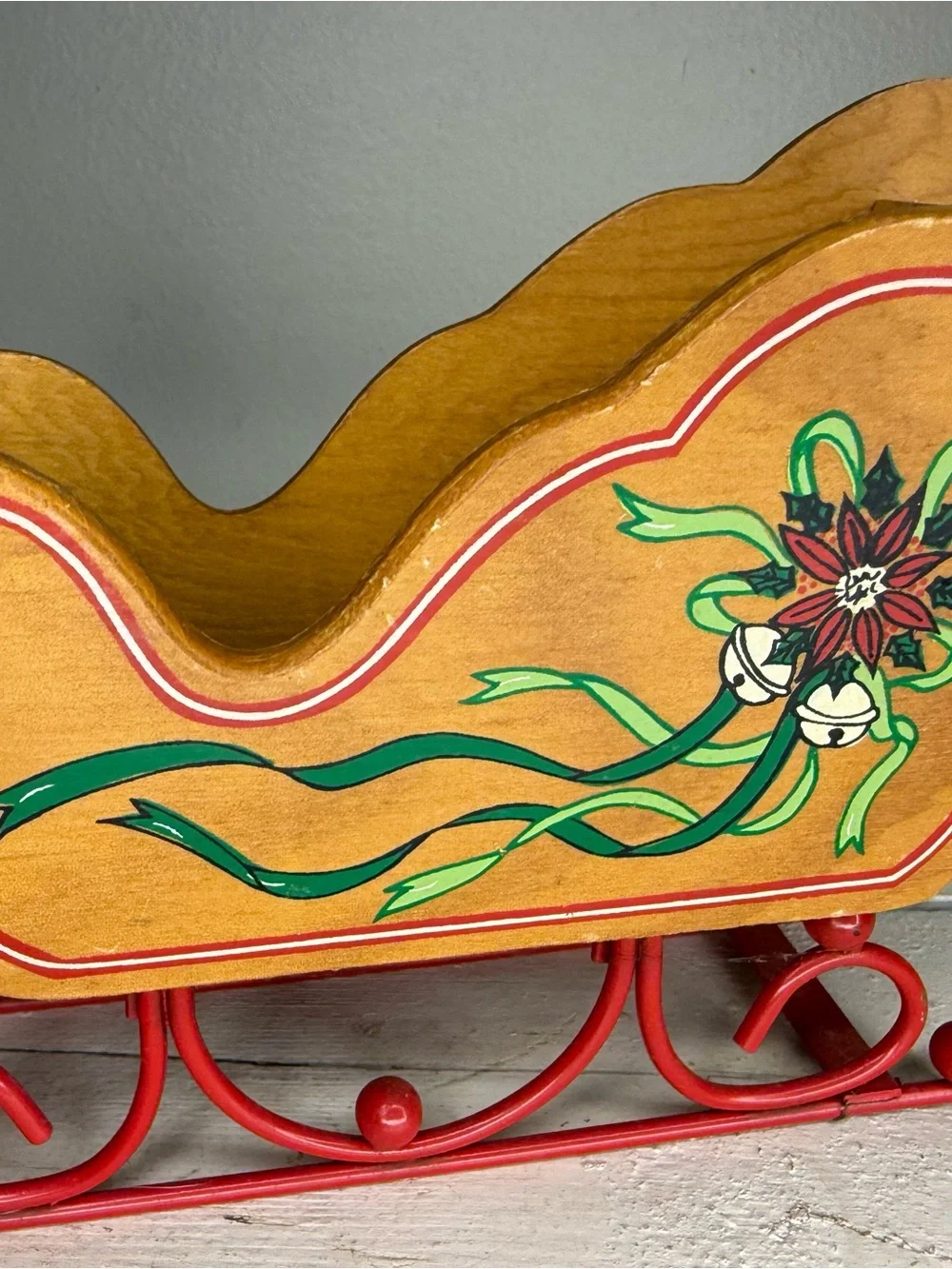 Vintage Poinsettia Wooden Sleigh Planter w/Metal Rails. Sleigh 8